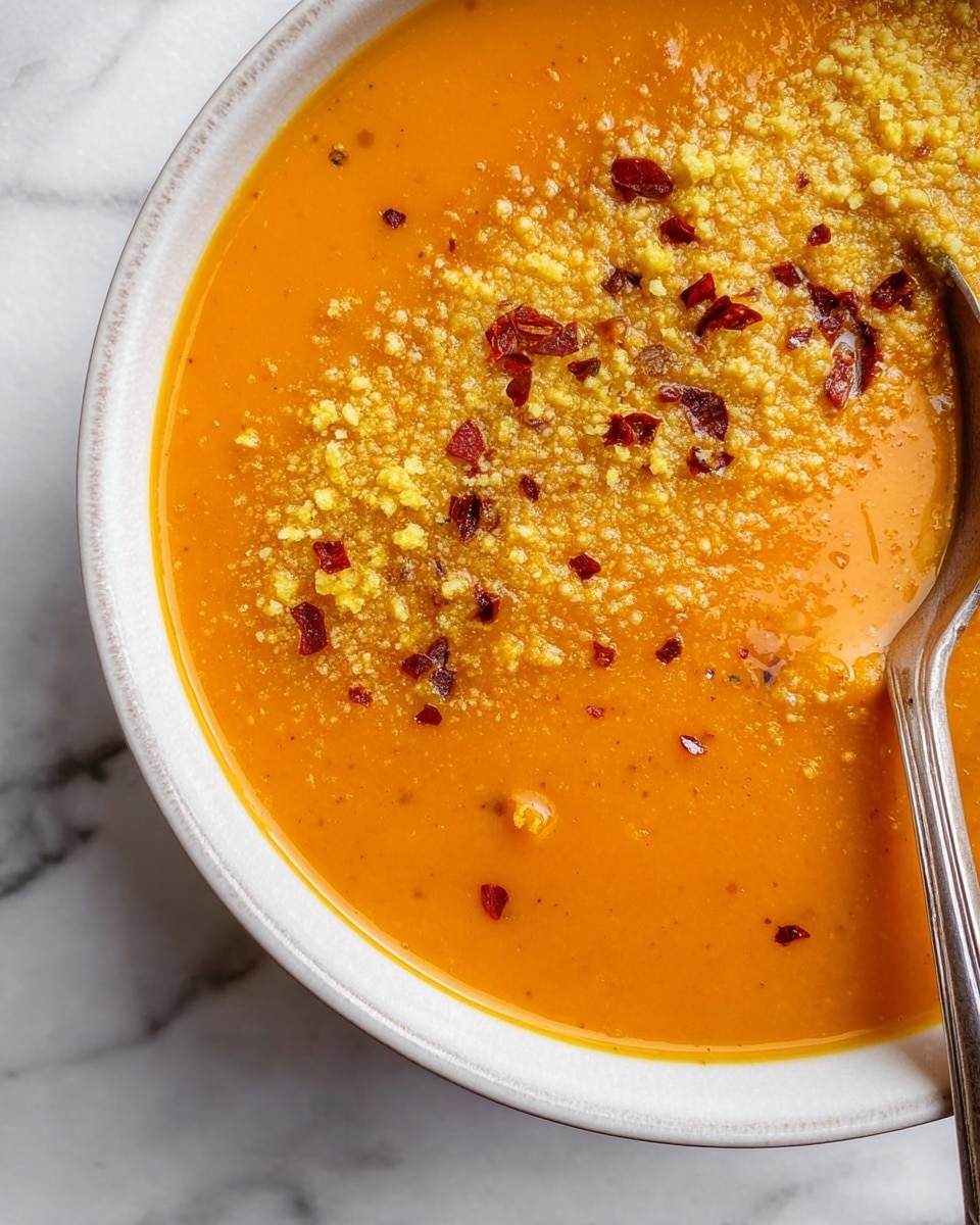 A close-up shows a white bowl filled with smooth, bright orange soup. The soup surface is glossy and creamy with a thick texture. On top, there is a layer of yellow powder sprinkled all over, along with small red chili flakes scattered unevenly. A silver spoon is dipped into the soup near the bottom right edge of the bowl, scooping some soup. The bowl sits on a white marbled surface that adds a clean, soft background. Photo taken with an iphone --ar 4:5 --v 7