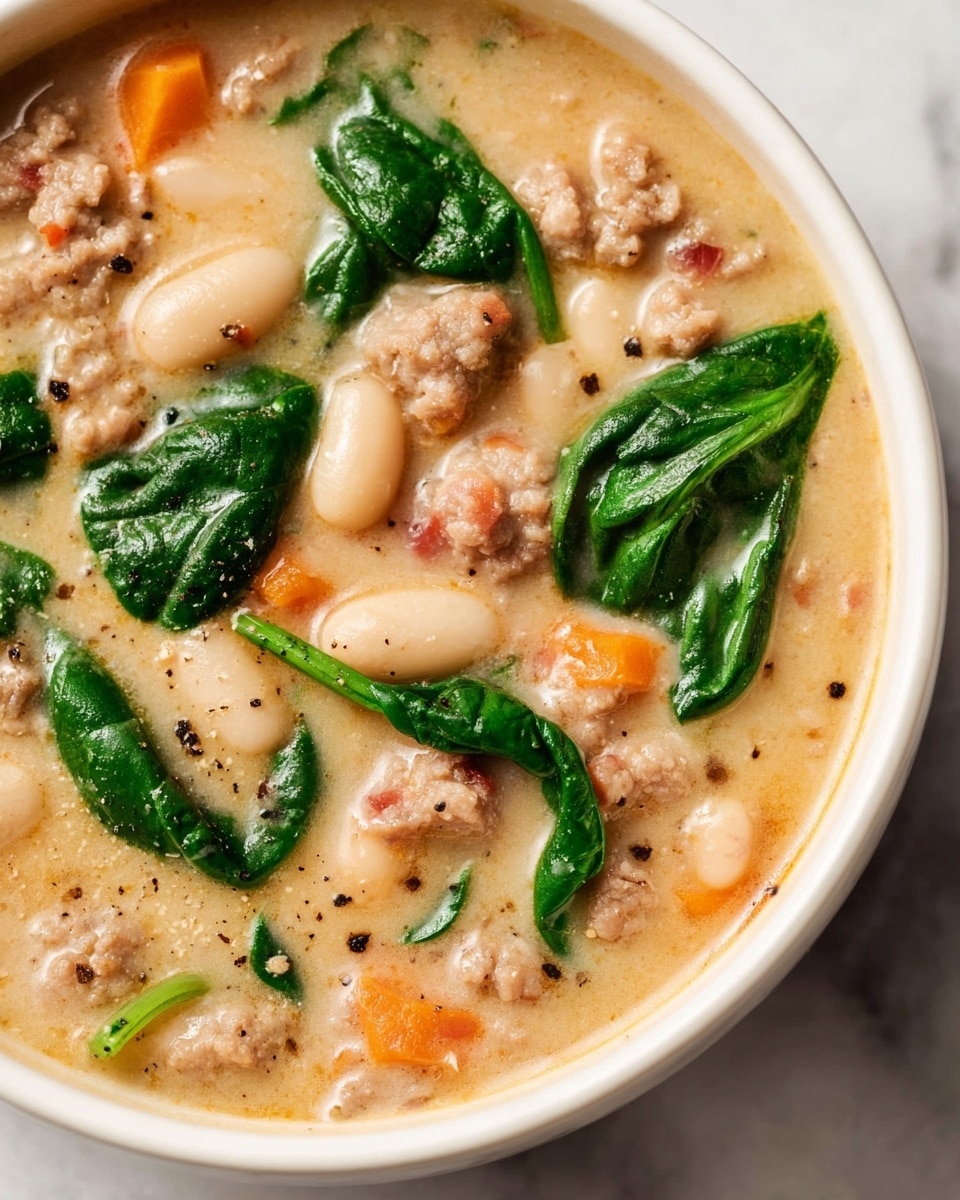 A white bowl filled with a thick, creamy soup that has a light orange-yellow color. Visible layers inside the soup include green leafy spinach scattered on top and mixed in, white beans, small pieces of orange carrot, and chunks of browned sausage and bacon. The soup has a smooth texture with some small bits showing, and there is a spoon resting inside the bowl on the right side. The bowl is placed on a white marbled surface, and part of another white bowl with the same soup is seen in the top left corner. Photo taken with an iphone --ar 4:5 --v 7