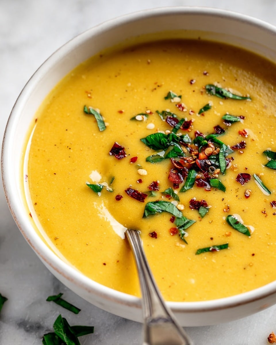 A clear rectangular glass container filled with a thick, smooth orange pumpkin soup, topped with small green herb leaves and tiny red chili flakes scattered lightly on the surface. The container is closed with a transparent lid labeled
