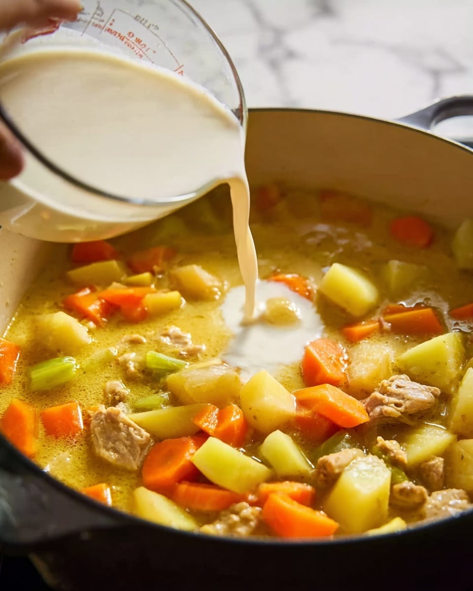 A close-up view of a pot filled with a thick stew showing three main layers: at the bottom, chunks of yellow potatoes and orange carrots mixed with shredded pale beige chicken pieces, all immersed in a rich golden-yellow broth with visible spices; in the middle, the broth swirls warmly with the addition of a creamy white liquid being poured from a metal measuring cup held by a woman's hand; the top layer shows a few floating vegetables and soft meat pieces, blending into the golden soup base. The scene has a white marbled background. Photo taken with an iphone --ar 4:5 --v 7