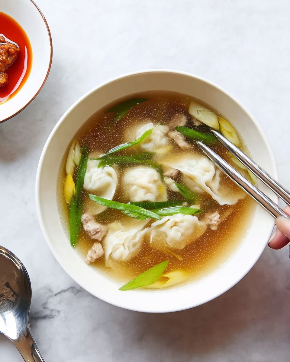 A white bowl filled with clear broth contains six soft, white dumplings with a slightly crinkled texture arranged on the top layer. Bright green pieces of scallion float evenly between the dumplings, adding color contrast. Small, tender chunks of light brown meat are visible beneath the dumplings, mixed with thin, pale yellow strands of cooked egg. The white marbled surface underneath the bowl holds a silver spoon with a red flower pattern on the handle to the right side, enhancing the simple, fresh presentation. Photo taken with an iphone --ar 4:5 --v 7