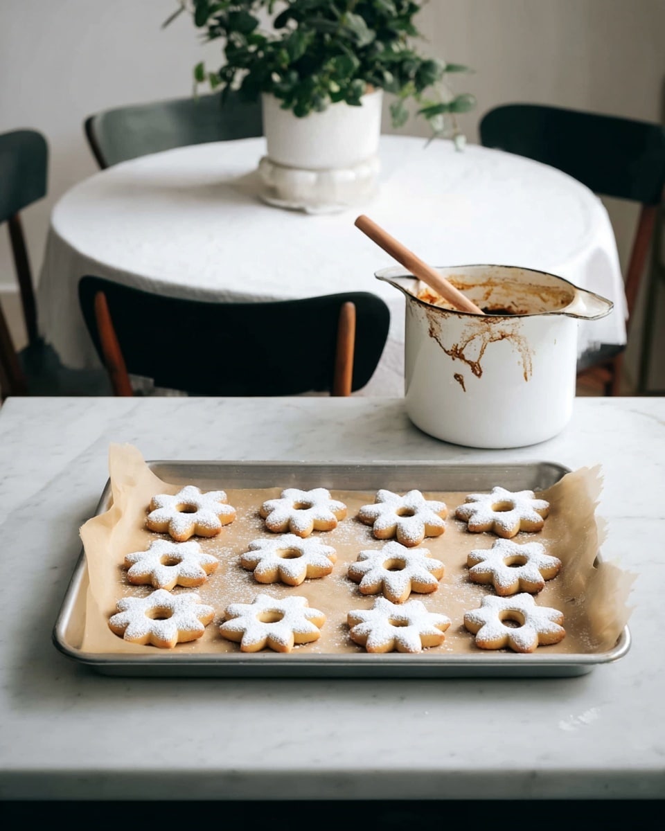 A silver baking tray lined with brown parchment paper holds two types of sandwich cookies arranged in rows on a white marbled countertop. There are seven star-shaped cookies and ten round cookies, each sandwich has two light golden layers with white powdered sugar dusted on the top layer, and a smooth layer of cream filling visible between the layers. To the right of the tray, there is a white pot with two handles and a wooden spoon inside, with brown sauce marks dripping down the side. In the background, a round table covered with a white cloth stands near two black wooden chairs, and a white pot with a green leafy plant sits on the table. Photo taken with an iphone --ar 4:5 --v 7