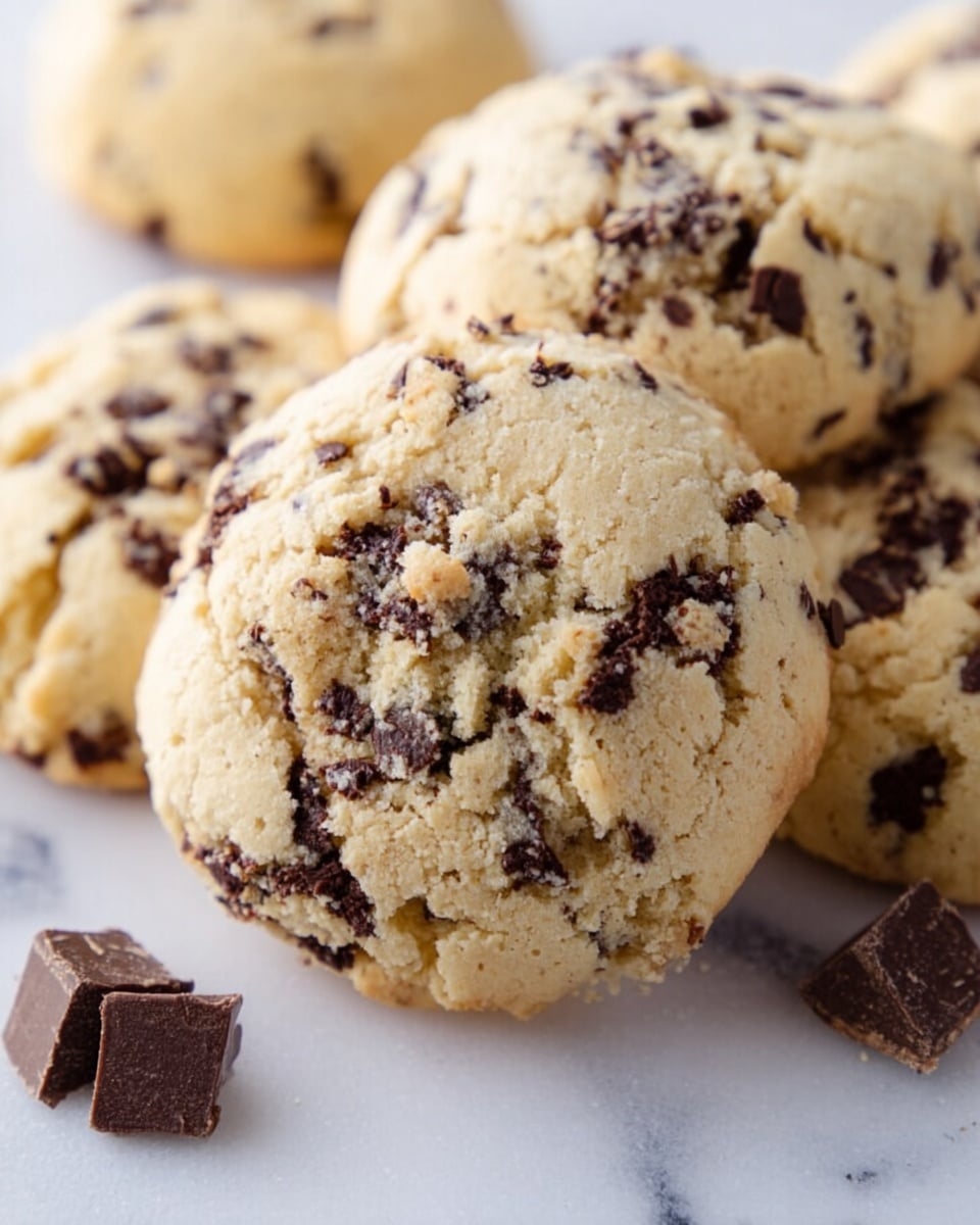A close-up view of soft chocolate chip cookies arranged closely together on a white marbled surface, showing a light golden brown dough with small melted dark chocolate chips spread evenly throughout each cookie. The texture looks tender with slight cracks on the tops, and a few loose chocolate chips sit scattered nearby. The cookies have a rounded, chunky form and appear freshly baked, filling the image with warm, inviting colors photo taken with an iphone --ar 4:5 --v 7
