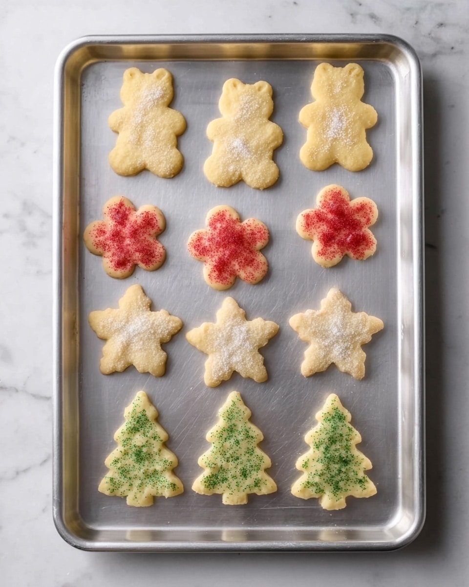 The image shows a white bowl lined with white paper, filled with many soft, flower and tree-shaped cookies. The cookies are light golden in color, each decorated with colorful sprinkles on top: some have red sprinkles, others green sprinkles, white sugar crystals, or light brown sugar crystals. Around the bowl, a few cookies are scattered on a white marbled surface, with some red and green sprinkles around them. A woman's hand is gently touching one of the cookies near the bowl. There is also a folded white cloth with red stripes partially visible on the right side. photo taken with an iphone --ar 4:5 --v 7