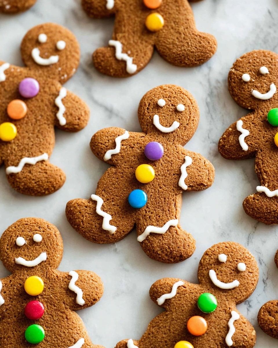 The image shows several gingerbread cookies shaped like people, placed on a white marbled surface. Each gingerbread cookie has a brown color with a smooth texture. White icing decorates the edges of the arms, legs, and faces in a zig-zag and simple smile pattern. Colorful round candy buttons in red, yellow, green, purple, and blue are added to the cookies' bodies in a vertical line. The cookies are arranged in a casual, scattered way, overlapping slightly in some places. Photo taken with an iphone --ar 4:5 --v 7