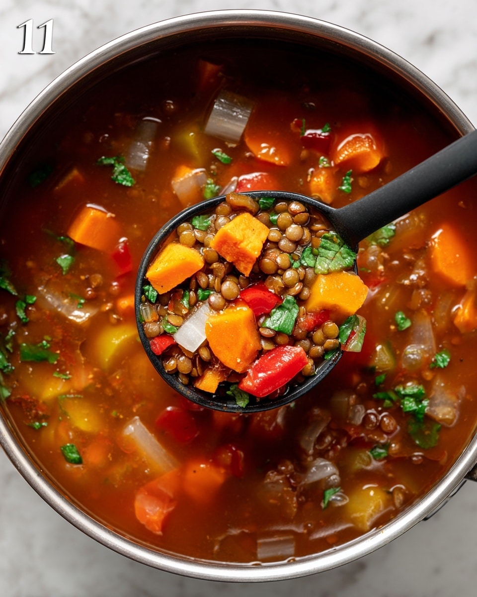 A clear glass container filled with a lentil and sweet potato soup featuring three main layers of visible ingredients: large orange cubes of sweet potato, light green celery pieces, and translucent purple onion chunks, all mixed in a brownish-red broth with small lentils, topped with bright green fresh parsley leaves scattered across. The container lid is partially open, showing a white label with handwritten text. The background is a white marbled surface. photo taken with an iphone --ar 4:5 --v 7
