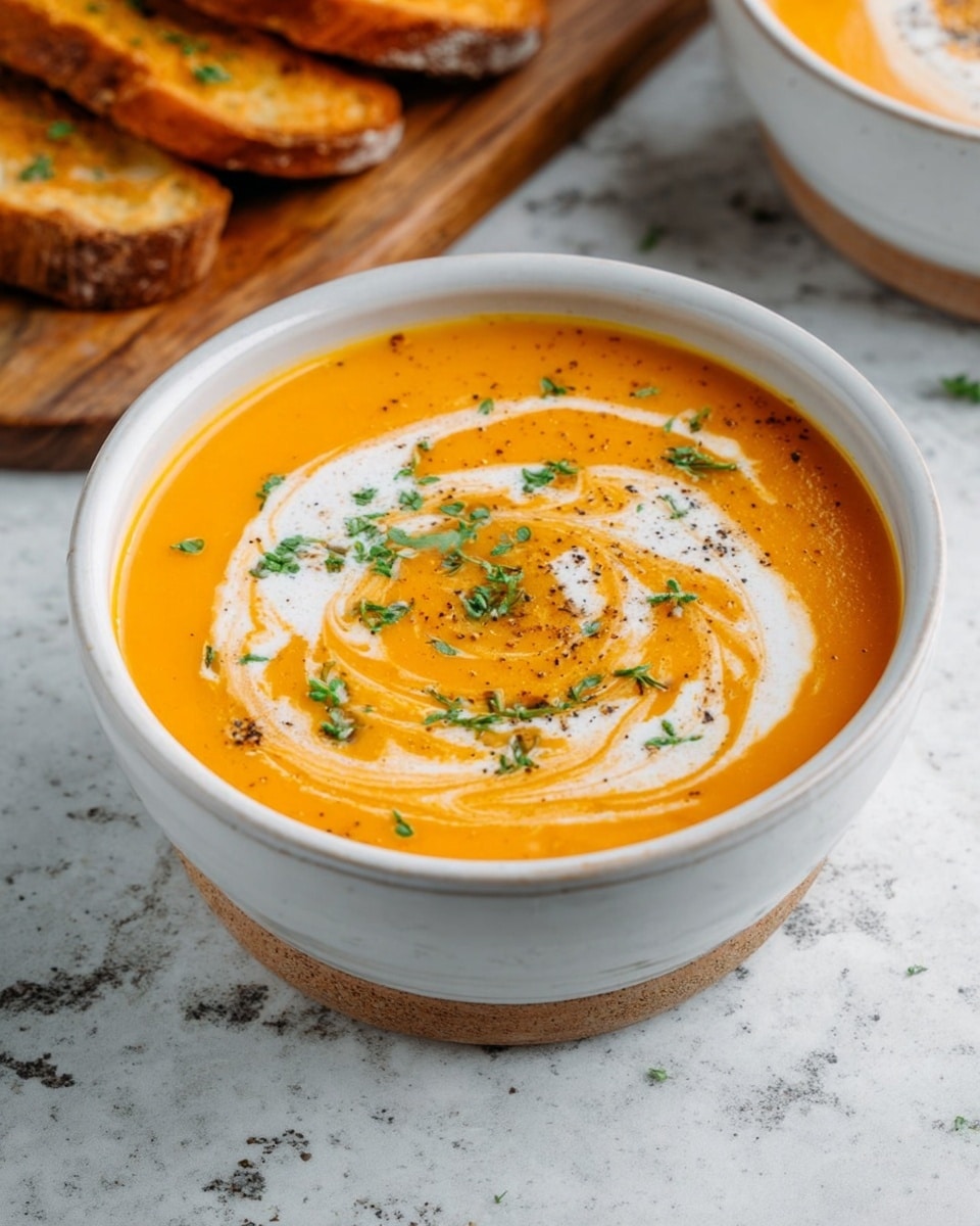 Two white bowls filled with smooth orange soup, each topped with a light swirl of white cream and small green herb leaves scattered on top. The soup is thick and creamy with a slight shine. The bowls are placed on a white marbled surface. To the left, round toasted bread slices with a golden-brown crust rest on a wooden board. The overall scene is bright and clean, highlighting the warm, inviting color of the soup. photo taken with an iphone --ar 4:5 --v 7