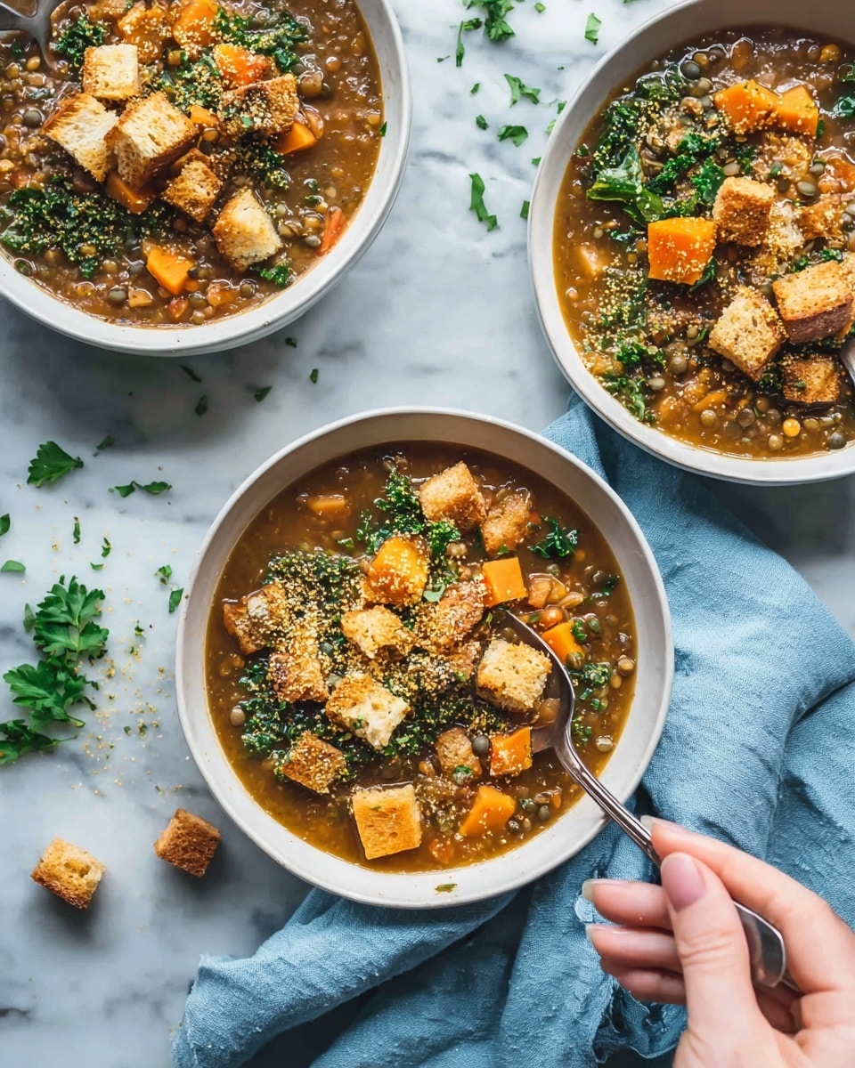 A white bowl holds a colorful vegetable soup with visible chunks of orange sweet potato, green spinach leaves, and small beige croutons floating on top. The soup looks thick with a mix of small grains or lentils scattered throughout, giving a textured look. A woman's hand is holding a spoon resting in the bowl. Around the bowl, there are some scattered green spinach leaves on a white marbled surface, with part of a blue cloth softly folded nearby. Another white bowl with a similar soup and a spoon is partially visible in the background. photo taken with an iphone --ar 4:5 --v 7