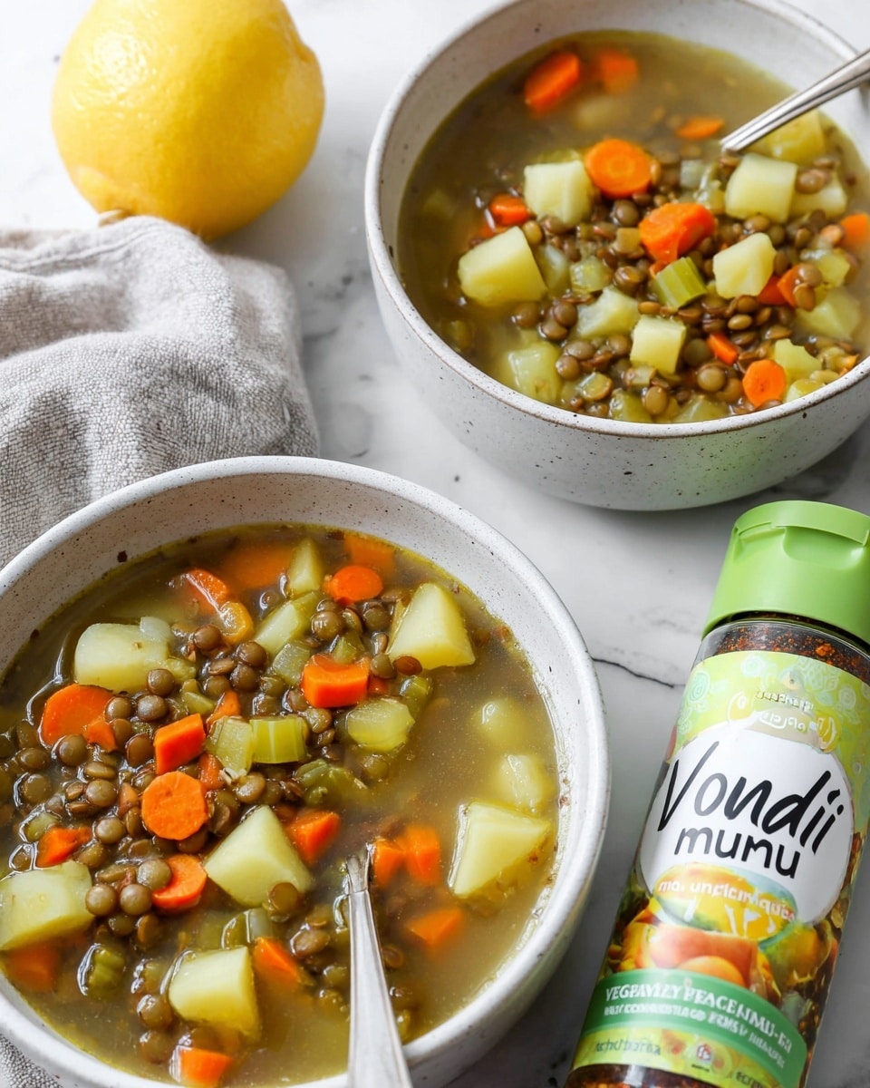 Two white bowls filled with lentil vegetable soup sit on a white marbled surface. Each bowl contains three layers: at the bottom is a clear broth tinted slightly greenish-brown, filled with small round lentils; above the lentils are chunks of cooked carrots in bright orange cubes and pale yellow potato pieces; scattered among these are translucent pieces of celery. Both bowls have a spoon inside, with one spoon showing near the top edge. A green-topped container of
