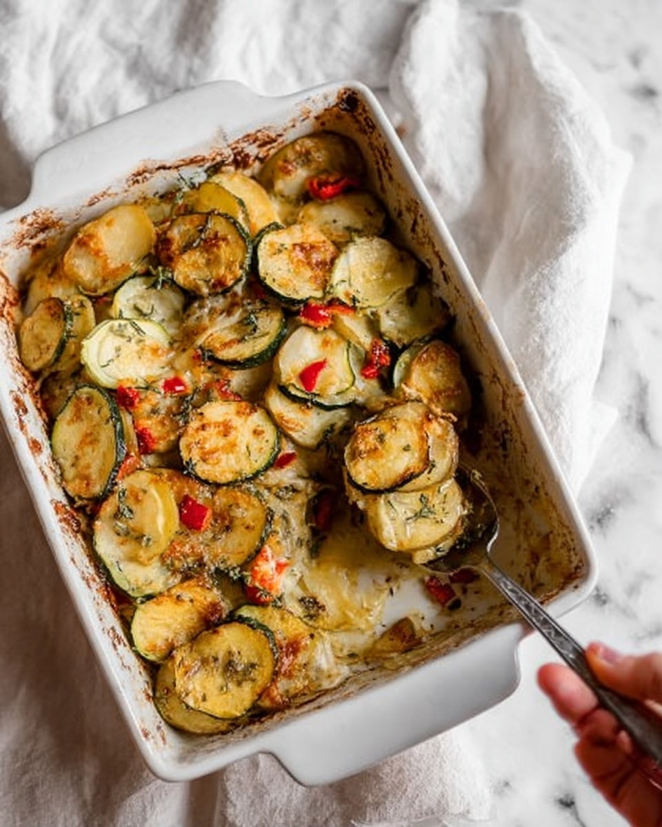 The dish shows a white rectangular baking dish filled with a layered vegetable bake. The layers include circular slices of green zucchini and yellow potatoes arranged in rows, combined with small red pepper pieces and a creamy, cheesy sauce that has browned in spots. On the right, a metal spatula holds a serving of the dish, revealing vertical layers and a slightly crispy, golden crust on top. The baking dish sits on a white marbled surface with a crumpled white cloth nearby. Photo taken with an iphone --ar 4:5 --v 7