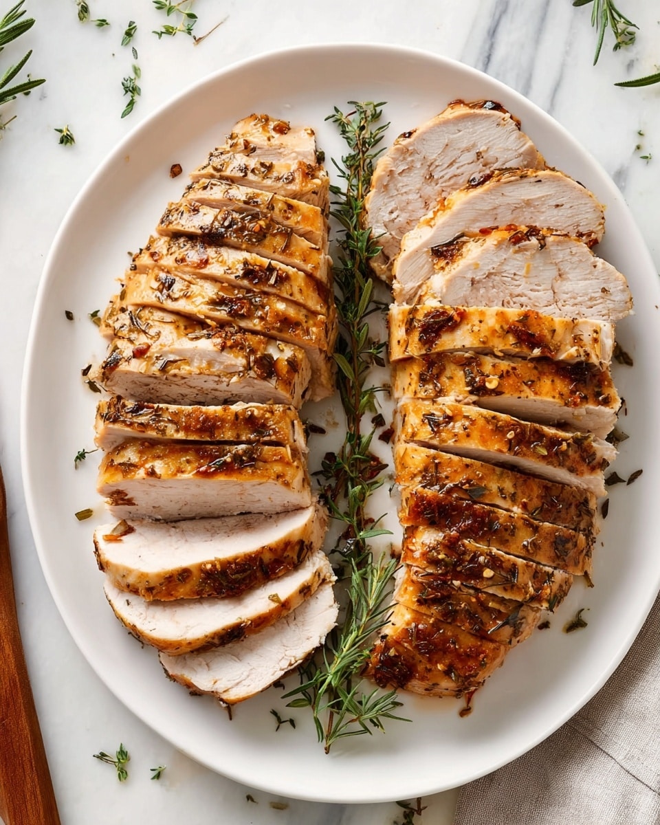 A white oval plate holds two large pieces of sliced roasted chicken with golden brown skin speckled with blackened herbs and spices. Each chicken piece is cut into about eight thick slices showing smooth, moist white meat inside. Small green herb sprigs are scattered on and around the chicken for decoration. The plate sits on a white marbled surface with a wooden utensil handle partially visible on the left side. Photo taken with an iphone --ar 4:5 --v 7