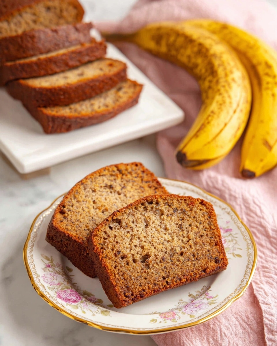 Two thick slices of brown banana bread with a slightly rough texture lie side by side on a white plate decorated with small blue and yellow flowers and gold trim. Behind the plate, a white rectangular dish holds eight more banana bread slices lined up, showing their moist, speckled inside. To the right, three ripe yellow bananas with brown spots rest next to the plate. A soft pink cloth is placed to the left on a white marbled surface photo taken with an iphone --ar 4:5 --v 7