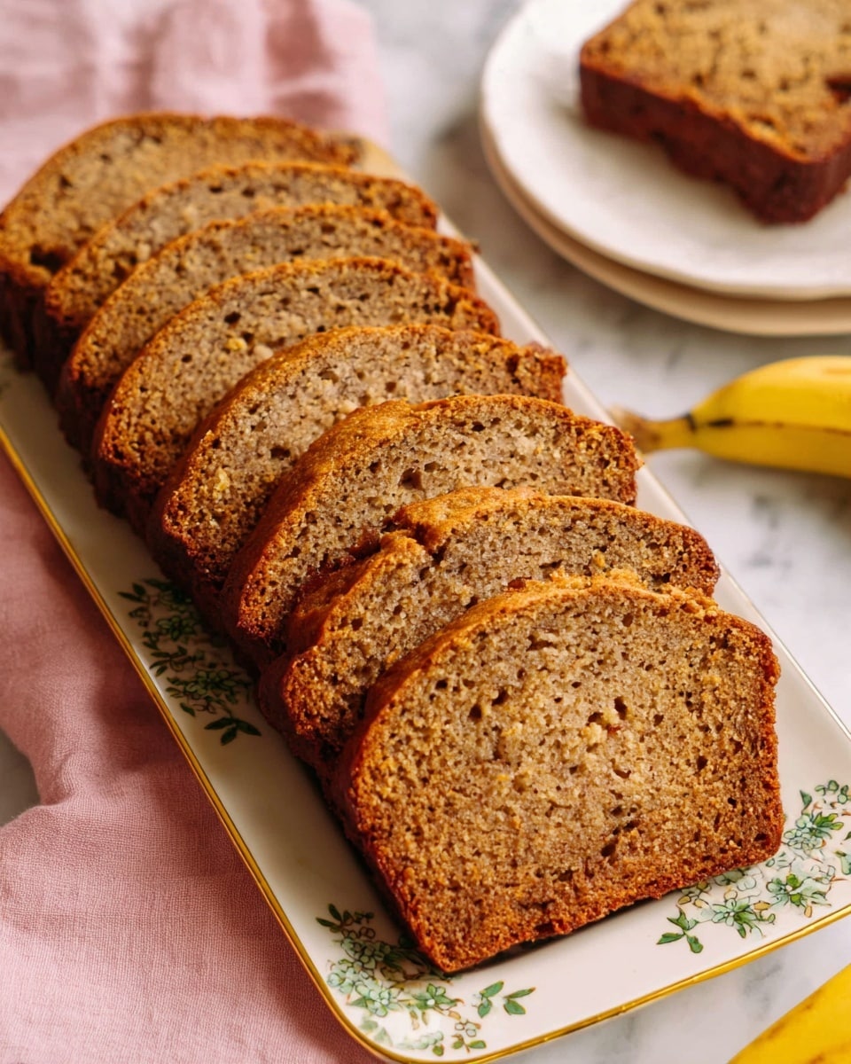 The image shows a white rectangular plate holding seven slices of banana bread arranged side by side, each slice showing a golden brown crust with a moist, speckled inside texture. The plate has a subtle floral pattern with yellow and green leaves. In the background to the left, there is a white plate with three more slices of banana bread stacked, slightly out of focus. A soft pink cloth is partially visible next to the plate. In the bottom right corner, a bunch of ripe yellow bananas rests on a white marbled surface. Photo taken with an iphone --ar 4:5 --v 7