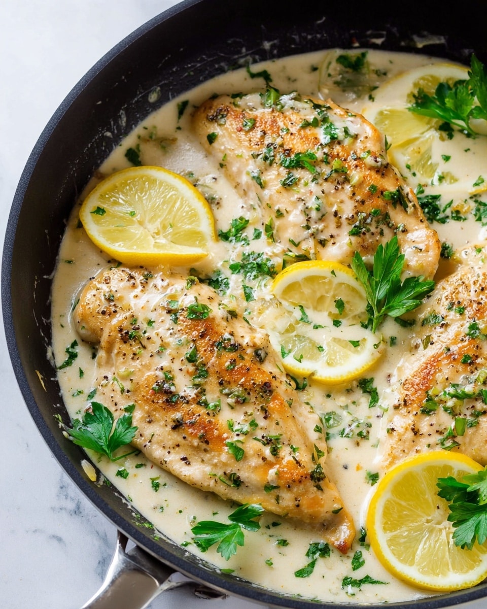 The dish shows three pieces of cooked poultry in a black pan filled with white creamy sauce. Each piece is golden brown with specks of herbs and small green parsley leaves sprinkled on top. Thin slices of yellow lemon are placed around and on the meat, adding a fresh look. The sauce looks smooth and thick, covering the pan bottom with visible herbs inside. The pan sits on a white marbled surface, and some fresh green parsley is blurred in the background. Photo taken with an iphone --ar 4:5 --v 7