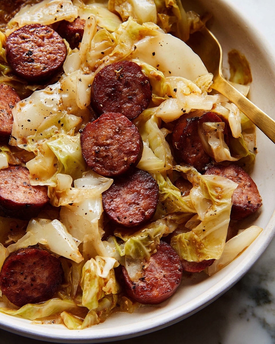 The dish shows a close-up of cooked cabbage and sausage slices in a white bowl. The cabbage is soft with yellowish and light brown colors, layered in uneven pieces with some black pepper sprinkled on top. The sausage slices are round, browned, and appear juicy with a textured surface, mixed evenly among the cabbage. A golden spoon is partially inserted into the dish, holding some cabbage and two sausage slices. The background is a white marbled surface. photo taken with an iphone --ar 4:5 --v 7