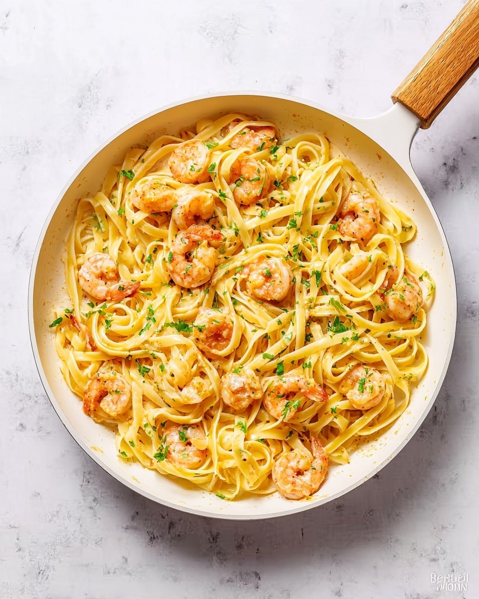 A white frying pan with a light brown wooden handle holds a serving of linguine pasta mixed with small, cooked shrimp. The pasta is a pale yellow color and looks soft with a smooth texture. The shrimp are light orange with a slightly pink hue and scattered evenly throughout the pasta. Small bits of green herbs are sprinkled on top, adding contrast and freshness. The pan is placed on a white marbled surface that enhances the colors of the food. Photo taken with an iphone --ar 4:5 --v 7