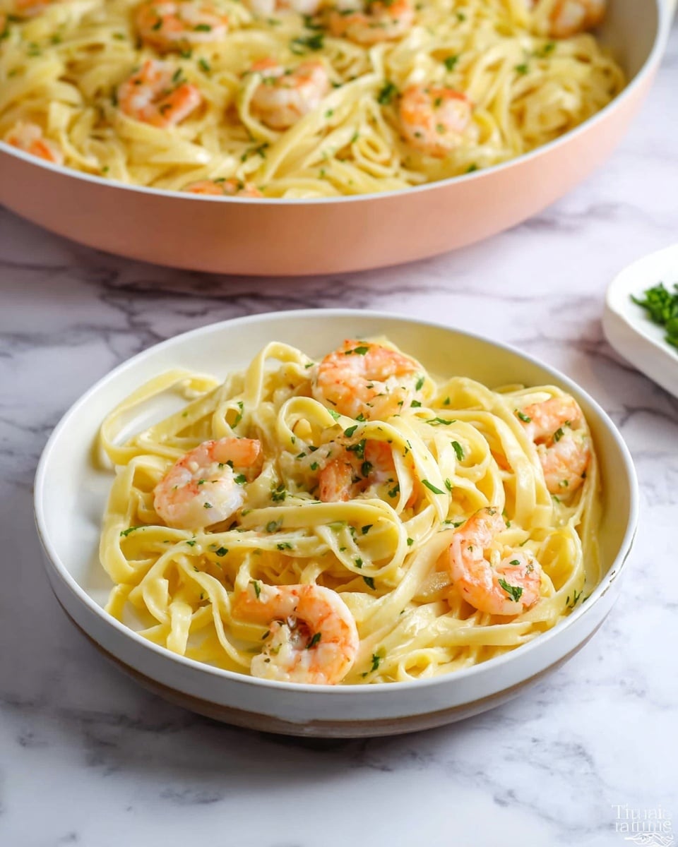 A white plate filled with long, flat pasta noodles twisted in loose piles, mixed with several small cooked shrimp that have an orange-pink color and slight char marks. The shrimp and pasta are lightly coated in a creamy sauce with a pale yellow tint. Small green parsley pieces are sprinkled over the dish, adding a fresh touch. The plate is placed on a white marbled surface with a larger pan of the same pasta and shrimp dish blurred in the background. Photo taken with an iphone --ar 4:5 --v 7