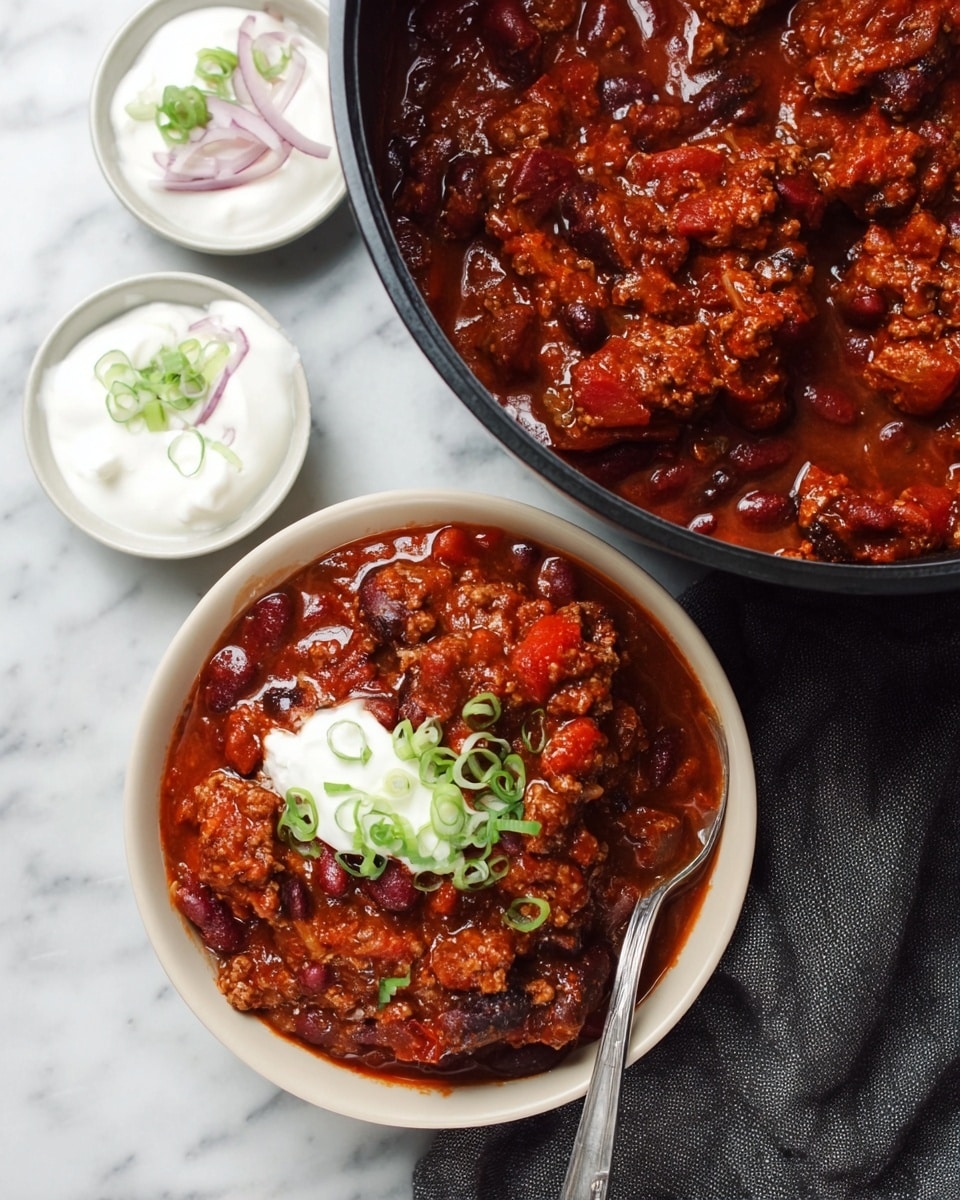 A black pot filled with thick chili made of ground meat, red kidney beans, black beans, and diced tomatoes, with a rich red sauce. The chili surface is sprinkled with small chopped green onions. A silver spoon is inside the pot, resting on the chili. The pot is placed on a white marbled surface with a small silver bowl of chopped green onions above it, a small white bowl of thinly sliced light pink onions to the right, and another white bowl with a white creamy sauce and green garnish in the top right corner. A grey cloth is partially visible on the right edge. Photo taken with an iphone --ar 4:5 --v 7