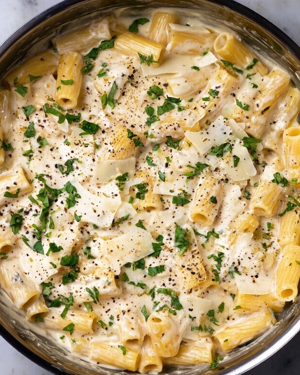 The image shows a close-up view of a creamy pasta dish in a white bowl on a white marbled surface. The dish has one main layer of yellow penne pasta evenly mixed with a thick white creamy sauce. On top, there are scattered small green parsley leaves and thin shavings of white cheese. There are small black pepper pieces sprinkled all over, adding texture and contrast. The sauce looks smooth and rich, coating the pasta well. Photo taken with an iphone --ar 4:5 --v 7