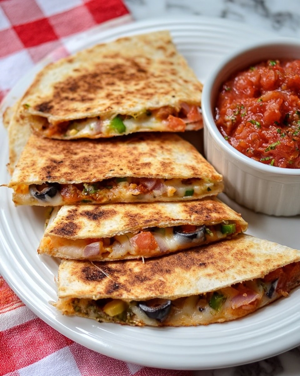 The image shows a white plate with several triangular pizza quesadilla slices stacked on top of each other. Each slice has a golden-brown, crispy outer layer with visible melted cheese inside, along with green bell peppers, chopped red onions, olives, and small bits of tomato. The quesadilla layers are thin and slightly crunchy, with the melted cheese filling being creamy and stretchy. Next to the plate is a white bowl filled with a smooth, rich red tomato sauce. The whole scene is set on a white marbled surface with a red and white checkered cloth underneath the plate. Photo taken with an iphone --ar 4:5 --v 7
