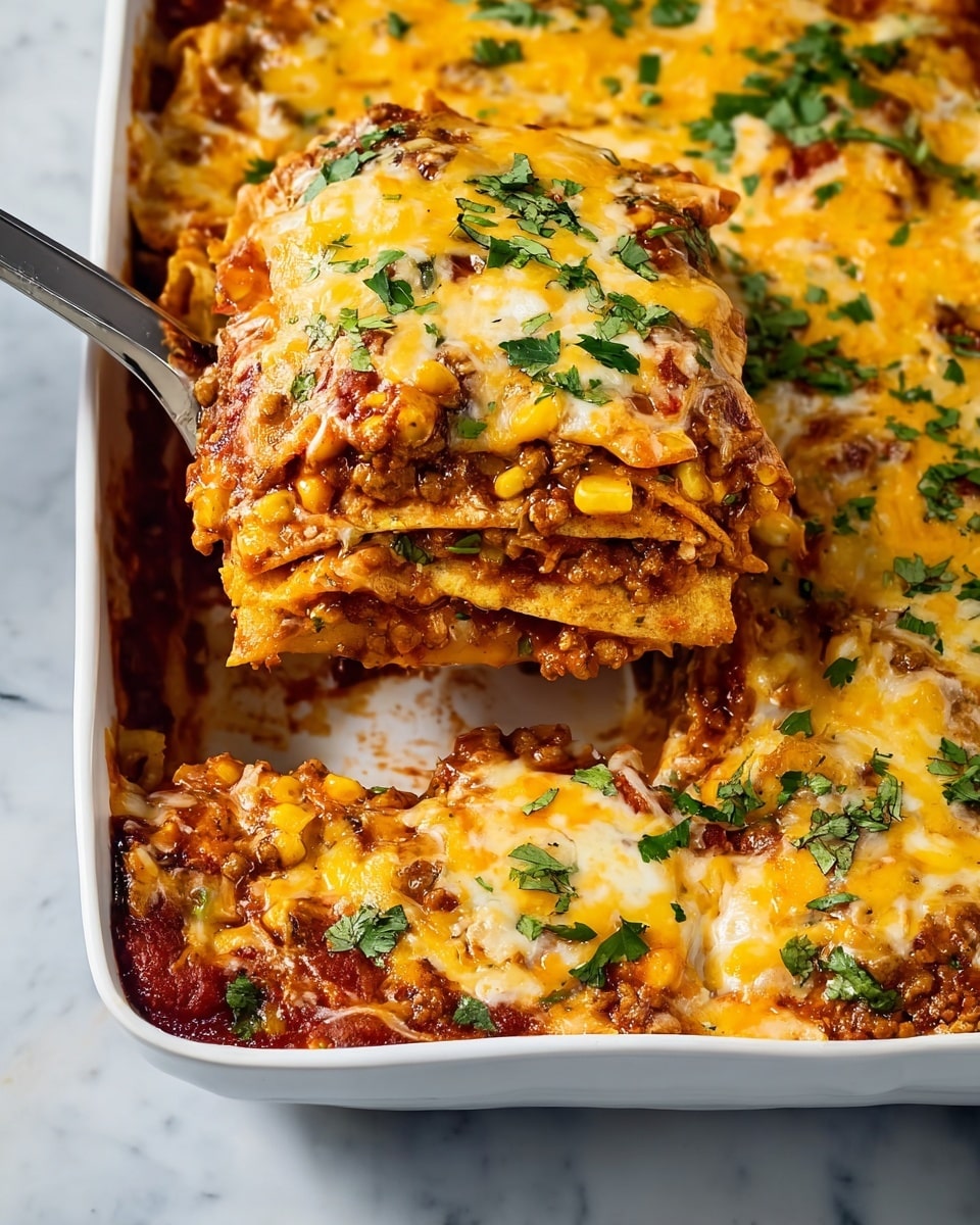 A white rectangular dish filled with multiple layers of a baked casserole. The bottom layer is a rich red sauce with visible pieces of corn and other ingredients, topped by a layer of soft, slightly browned corn tortillas. Above the tortillas is a thick layer of melted cheese in pale yellow and orange hues with small areas bubbling and slightly browned. The dish is sprinkled generously with finely chopped fresh green herbs. One square serving is being lifted out with a spatula, showing the layered structure of sauce, tortillas, and cheese all blending together. The dish sits on a white marbled surface. Photo taken with an iphone --ar 4:5 --v 7