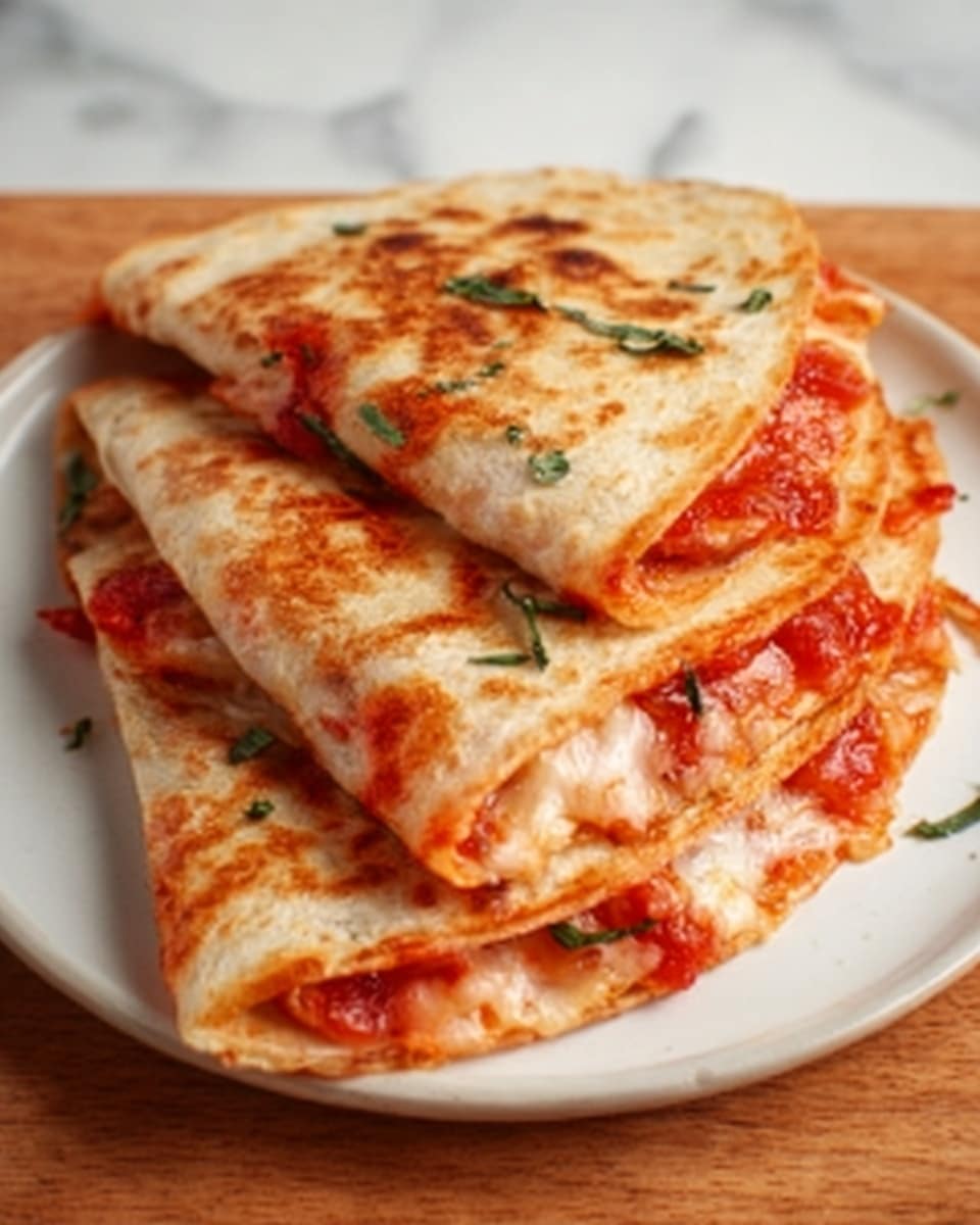 The image shows a quesadilla cut into four triangular pieces arranged in a slightly overlapping way on a wooden board. Each piece has a golden-brown, toasted outside layer with a light crispy texture. Inside, there is a layer of melted white cheese mixed with red tomato sauce and bits of cooked, shredded chicken. Small green herb pieces are sprinkled on top of the quesadilla pieces, adding a fresh touch. The background is a white marbled texture. photo taken with an iphone --ar 4:5 --v 7