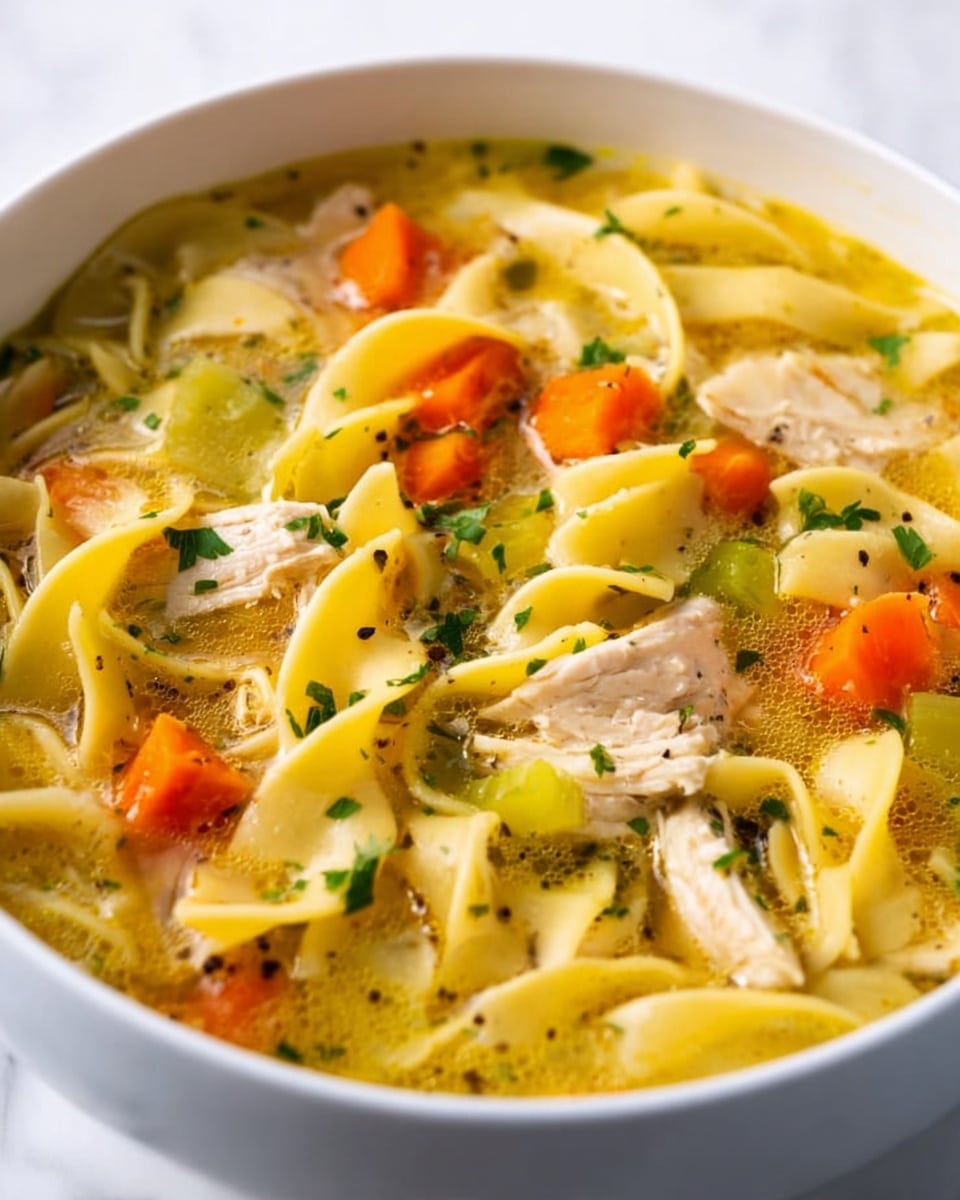 A white bowl filled with chicken noodle soup sits on a white marbled surface. The soup has three main layers visible: large chunks of bright orange carrots, yellow egg noodles curled and soft, and tender pieces of light brown shredded chicken, all mixed in a light golden broth with small bits of green herbs scattered on top. The broth has a smooth texture with tiny bubbles and floating black pepper specks. The colors of the carrots and noodles stand out warmly against the creamy broth. photo taken with an iphone --ar 4:5 --v 7
