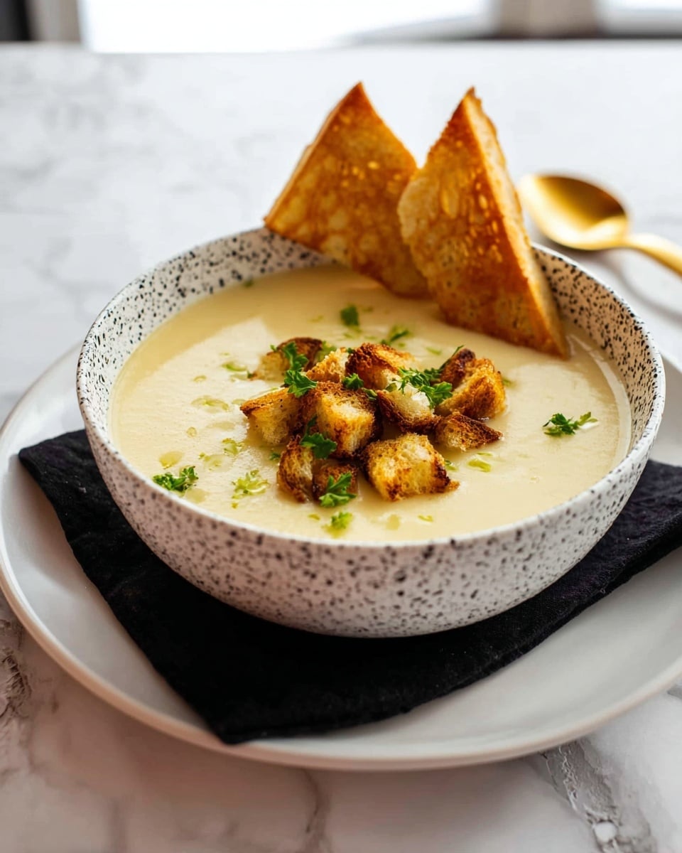 A bowl of creamy pale yellow soup with a smooth texture fills a white bowl with black speckles around the rim. On top, there is a small pile of golden brown toasted bread pieces and green parsley leaves. The bowl sits on a white plate, which rests on a black cloth on a white marbled surface. To the left of the bowl, two toasted bread halves with a golden brown crust lean slightly against the bowl. In the blurred background, a golden spoon lies flat. Photo taken with an iphone --ar 4:5 --v 7