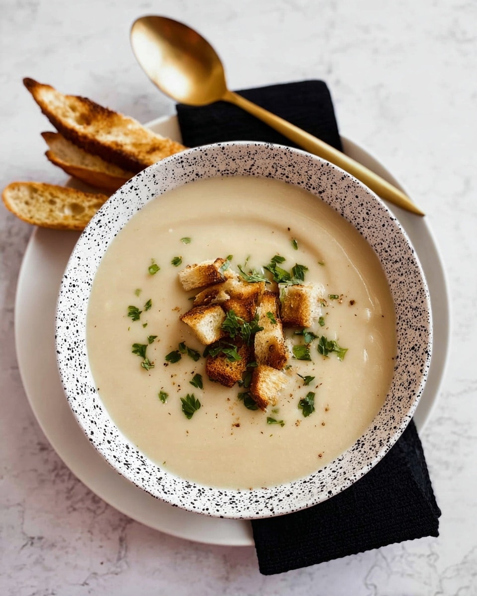 A white bowl with black splatter marks filled with smooth, creamy beige soup sits on a white plate, which rests on a folded black cloth on a white marbled surface. On the top center of the soup, there is a small pile of toasted golden-brown bread pieces and a sprinkle of fresh green parsley, adding texture and color contrast. Next to the bowl, two toasted bread slices lean against the side of the plate. In the background, a gold spoon points diagonally upward on the white marbled surface. Photo taken with an iphone --ar 4:5 --v 7