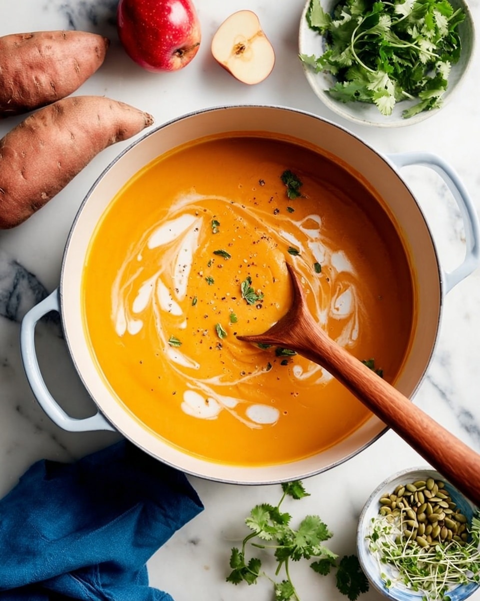 A white bowl filled with bright orange creamy soup, swirled with white cream and small black pepper specks on top. A wooden spoon rests inside the bowl, partially submerged in the soup. The bowl is placed on a white marbled surface, surrounded by toasted slices of bread on a white plate, a small white bowl of green pumpkin seeds, and fresh green sprouts in a wooden bowl. A blue cloth is casually placed near the bowl. photo taken with an iphone --ar 4:5 --v 7