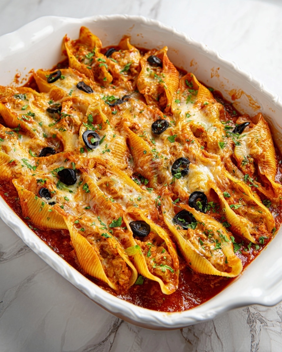 A white rectangular baking dish filled with two layers of large pasta shells covered in a bright red tomato sauce. The shells are stuffed and topped with melted yellow cheese, scattered with sliced black olives and green herbs like cilantro and chopped green onions. The dish sits on a white marbled surface with the cheese slightly browned in spots, and the sauce bubbling around the edges. photo taken with an iphone --ar 4:5 --v 7