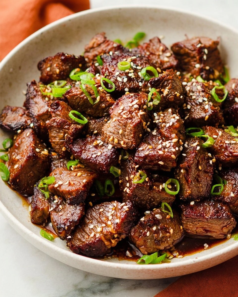 A bowl filled with many pieces of medium-rare cooked beef cubes, showing a pink center and a dark brown grilled outside. The beef pieces are sprinkled with white sesame seeds and thin green onion slices scattered on top and around. The bowl is white and placed on a white marbled surface. The beef looks shiny with sauce giving a slightly sticky texture. Photo taken with an iphone --ar 4:5 --v 7