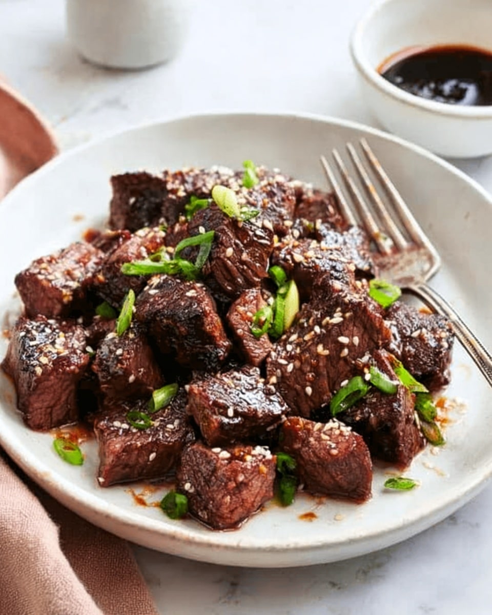 A white bowl filled with thick pieces of cooked meat, dark brown on the outside with a tender reddish inside, is topped with small green onion slices and sprinkled with white sesame seeds. A silver fork rests inside the bowl on the right side. The bowl sits on a white marbled surface, with a small white cup of dark sauce in the background. Photo taken with an iphone --ar 4:5 --v 7