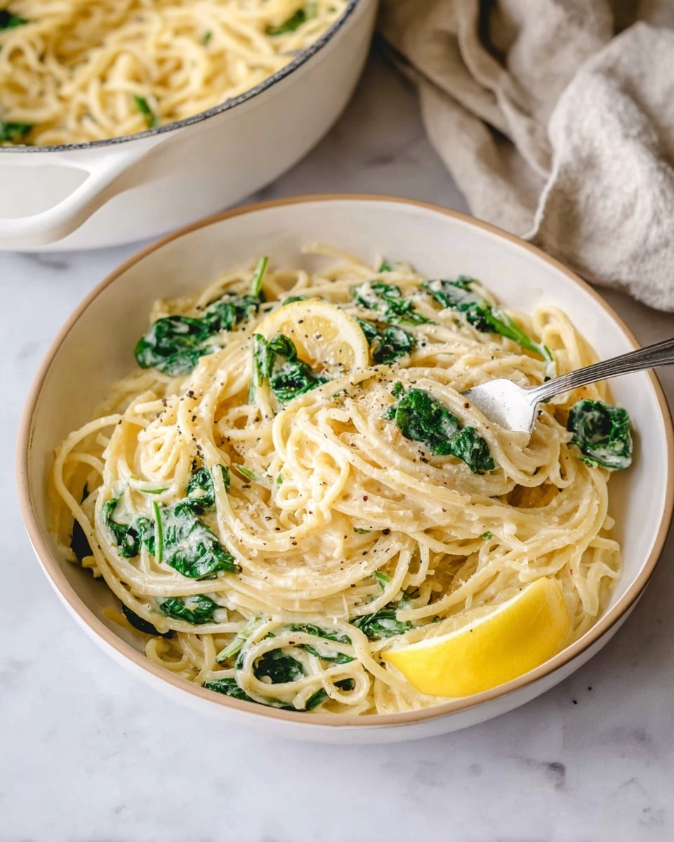 A white bowl full of creamy spaghetti, mixed with light green spinach leaves evenly spread through the noodles, topped with grated cheese and a sprinkle of black pepper, with a small bright yellow lemon wedge resting on the right side, and a silver fork twisting some pasta near the edge; above it, a light-colored pot contains more of the same creamy spaghetti with visible spinach pieces. The setting is on a white marbled surface with a beige cloth napkin to the left. Photo taken with an iphone --ar 4:5 --v 7