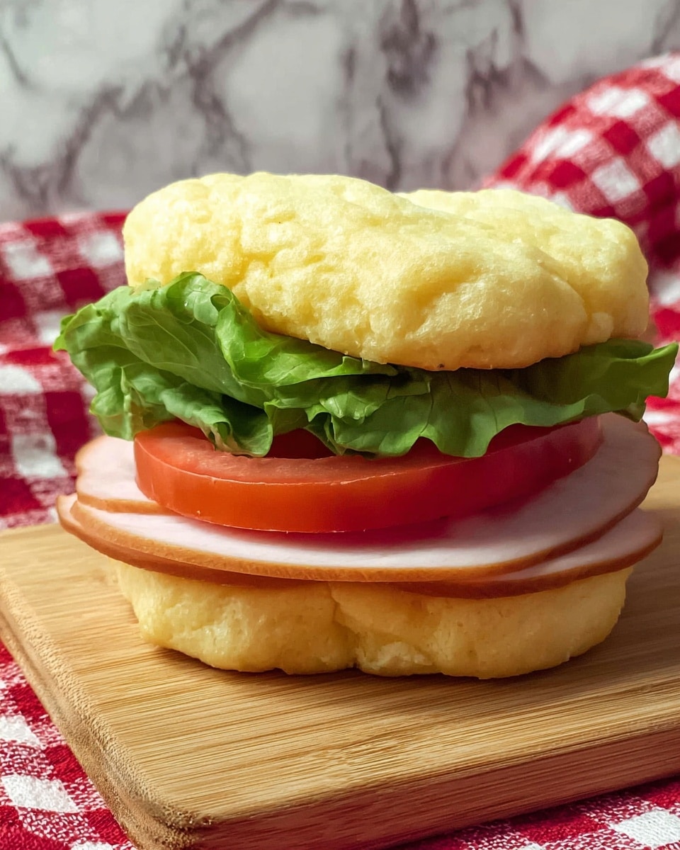 The image shows a sandwich with three layers on a wooden board placed on a red and white checkered cloth. The sandwich bottom is a light, golden, fluffy bread with a soft texture. On top of this base, there is a thick slice of red tomato followed by fresh, curly green lettuce. Above the lettuce is a single slice of light brown deli meat, topped with another piece of the same fluffy, golden bread as the base. The sandwich looks soft and fresh. Photo taken with an iphone --ar 4:5 --v 7