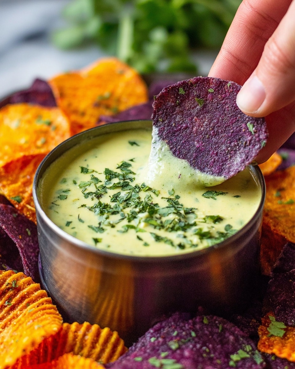 A white round plate filled with two layers of ridged vegetable chips in bright purple, yellow, and orange colors, arranged in a loose pile. In the center of the plate, there is a silver bowl filled with creamy light green dip speckled with green herbs. The plate sits on a white marbled surface. The photo taken with an iphone --ar 4:5 --v 7