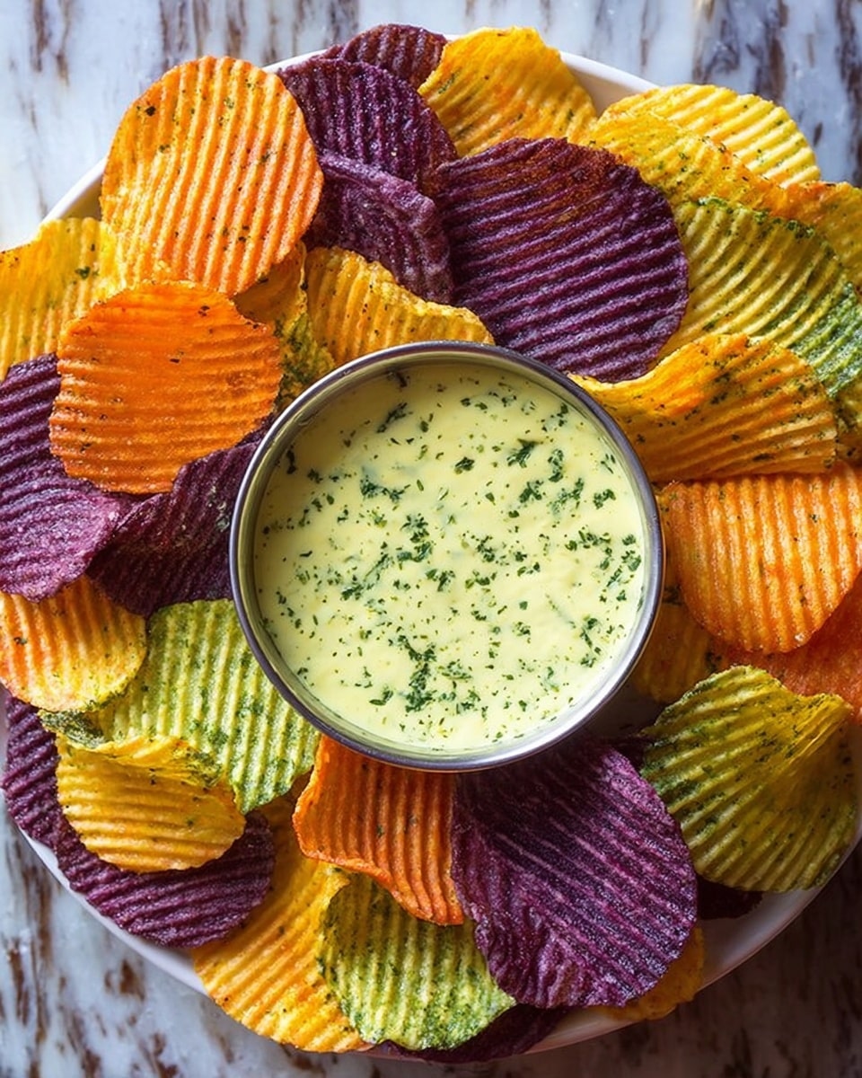 A small silver cup filled with a creamy yellow-green dip flecked with small green herbs is placed on a white marbled surface. Around the cup, there is a layer of crispy chips in dark purple, bright orange, and yellow colors. A woman's hand is dipping one dark purple chip into the thick dip. The background has a slightly blurred green leafy plant. photo taken with an iphone --ar 4:5 --v 7