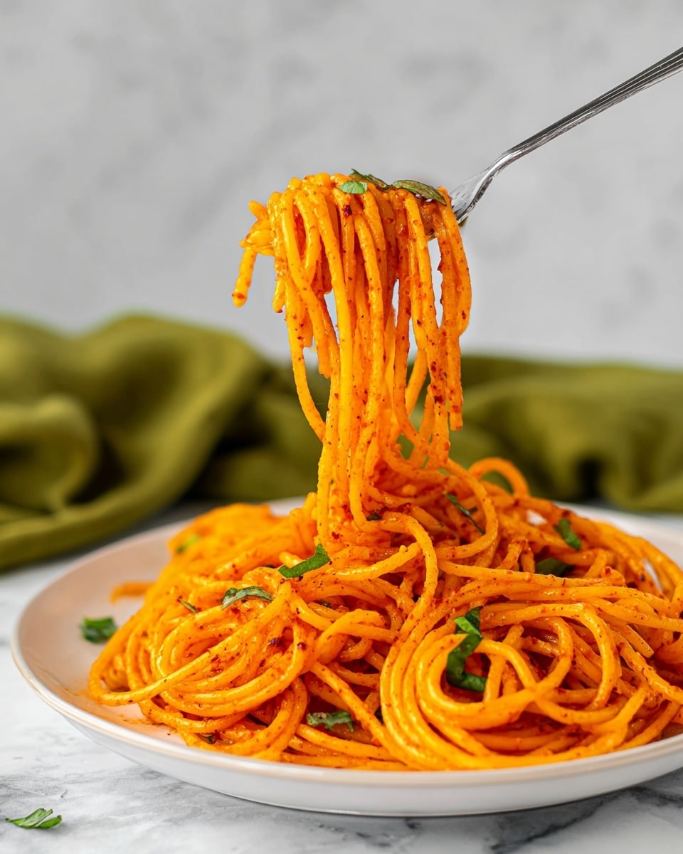A close-up of a white plate filled with multiple small nests of bright orange spaghetti coated evenly with a reddish-orange sauce, a few green herb leaves scattered on top and around the pasta. A fork lifts a tangle of the spaghetti above the plate, showing the smooth, slightly glistening texture of the noodles against a clean white marbled background. The light highlights the fine specks of seasoning on the spaghetti strands. Photo taken with an iphone --ar 4:5 --v 7