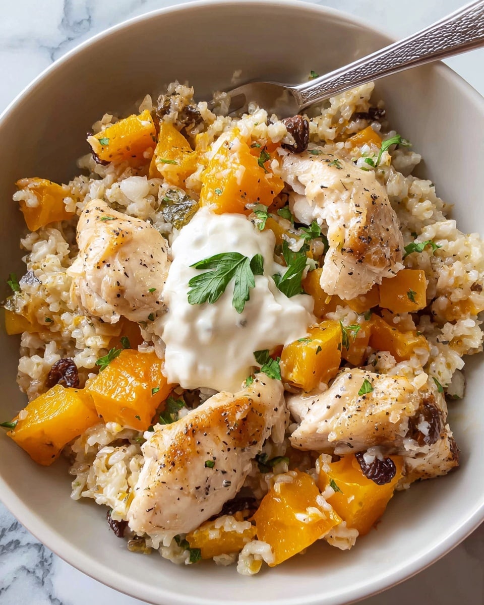 A white bowl filled with a mix of light brown rice and bright orange chunks of cooked squash as the base layer. On top, pieces of light golden cooked chicken thighs are sprinkled with black pepper. Scattered among the rice and chicken are dark brown raisins. In the center, there is a white dollop of creamy sauce with some green herb leaves on it, adding freshness. A silver fork rests on the edge of the bowl, which sits on a white marbled surface. Photo taken with an iphone --ar 4:5 --v 7