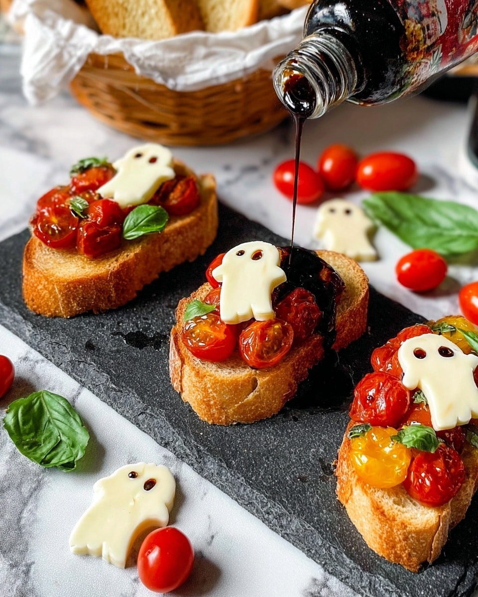 Three toasted bread slices are placed on a dark stone board with a textured black cloth underneath. Each slice has a layer of chopped red cherry tomatoes and green basil leaves. On top of two slices, there are white ghost-shaped cheese pieces with dark balsamic vinegar spots creating eyes and a mouth. The third slice is being decorated with a drizzle of balsamic vinegar from a bottle held by a woman's hand. Scattered around are more red cherry tomatoes, green basil leaves, and extra ghost-shaped cheese pieces. A white basket with toasted bread and a small black dish filled with more cheese sits in the background. The entire scene is set against a white marbled surface. photo taken with an iphone --ar 4:5 --v 7