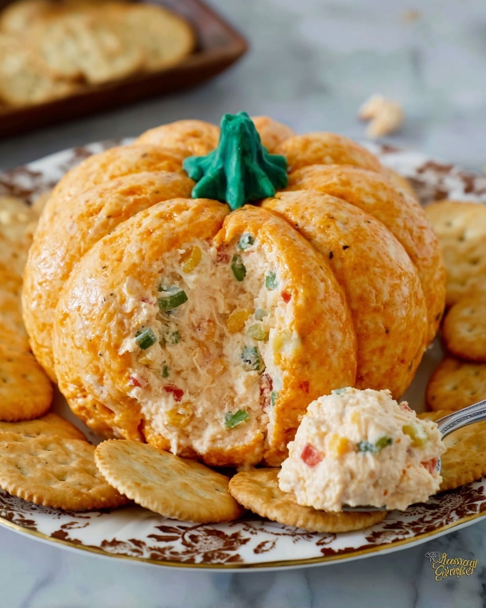 The dish is a round cheese ball shaped like a small pumpkin with visible grooves creating sections, topped with a green stem in the center. It has an outer layer of smooth orange cheese with a slightly crumbly texture. Inside, the cheese ball shows a creamy white filling with small colorful bits of green and red, likely herbs and peppers. The cheese ball is placed on a white plate with a floral pattern, surrounded by round, pale golden crackers. One cracker in the front holds a scoop of the creamy filling. The whole scene is set on a white marbled surface. Photo taken with an iphone --ar 4:5 --v 7