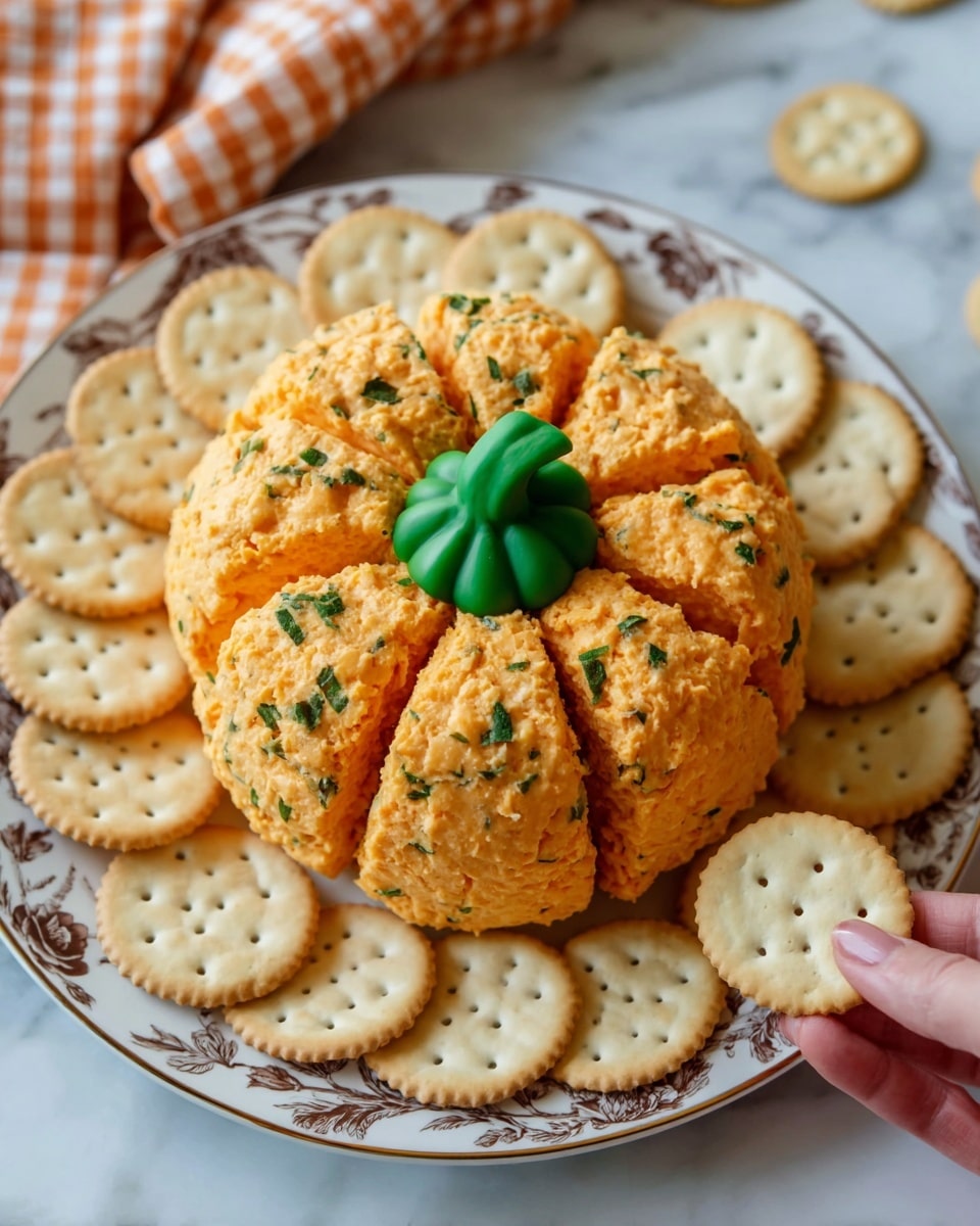 A pumpkin-shaped cheeseball sits in the center of a white plate with delicate dark floral patterns around its rim. The cheeseball is divided into eight curved segments, each a pale orange color with hints of green and white mix inside, giving it a textured look. At the top center, there is a short green pepper stem acting as the pumpkin’s stalk. Surrounding the cheeseball are evenly spaced round crackers, light golden in color with small holes arranged in a grid. The plate rests on a white marbled surface, with a soft focus checkered orange and white cloth in the background. photo taken with an iphone --ar 4:5 --v 7
