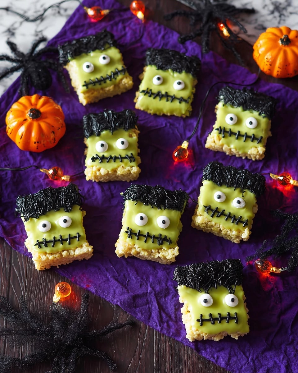 The image shows several square-shaped treats designed to look like green Frankenstein faces with black hair and stitched mouths. Each treat has two big white eyes with black pupils near the top center. The hair is a thick, wavy black layer on the top edge of each square, and the mouth is made up of black lines forming stitches across the lower half of the face. The green face layer is textured, uneven, and covers the base of each treat. The treats are placed on a white marbled surface covered with a purple spiderweb-patterned fabric. Orange pumpkin-shaped lights are scattered around, adding a festive Halloween feel. Photo taken with an iphone --ar 4:5 --v 7