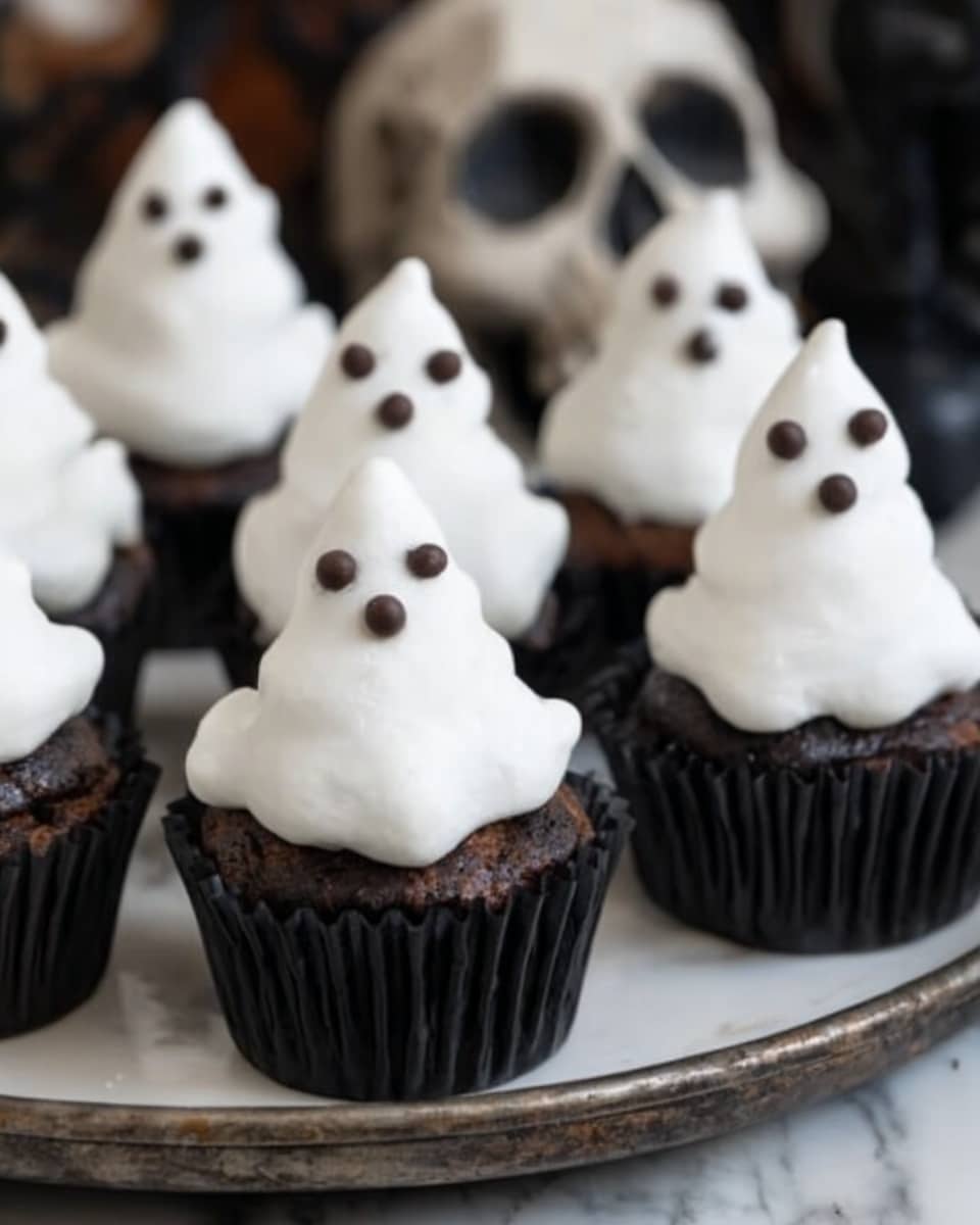 The image shows several black cupcake wrappers holding chocolate cupcakes topped with smooth, white frosting shaped like little ghosts with a pointed peak on top. Each ghost has three small dark chocolate chips arranged to look like eyes and a mouth. The cupcakes are placed on a round metal tray with a skull decoration in the background. The surface underneath the tray is a white marbled texture. photo taken with an iphone --ar 4:5 --v 7