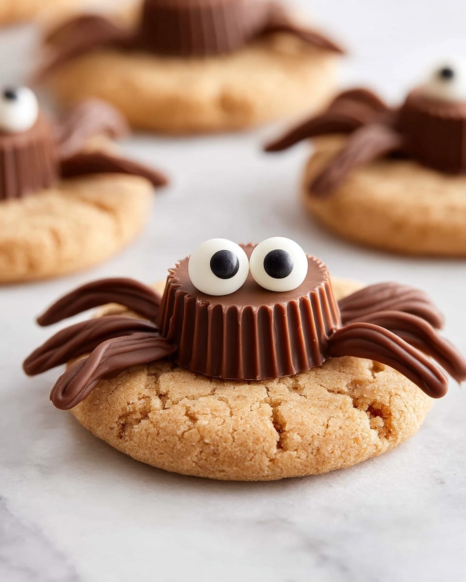 The image shows a cookie designed to look like a spider. The base is a round, light brown cookie with a coarse texture. On top of the cookie, there is an upside-down chocolate cup shaped like a small dome. Eight dark brown chocolate legs, made from piped chocolate, spread out evenly from under the cup, resting on the cookie. Two large white candy eyes with black centers are placed right in front of the chocolate cup, giving the spider a playful look. The cookies are placed on a white marbled surface and are closely arranged in the background as well. photo taken with an iphone --ar 4:5 --v 7