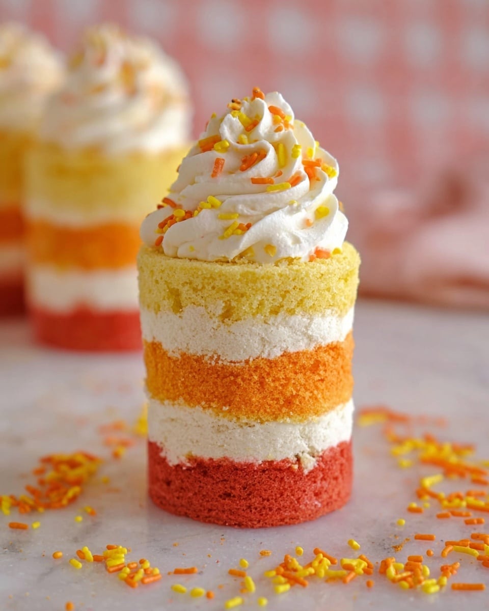 The image shows a small layered cake standing on a white marbled surface, with a total of four layers. From bottom to top, the first layer is bright yellow with a soft texture, followed by a thin white cream layer. Above that is a medium orange layer, then another thin white cream layer, a vibrant red layer, and a final thin white cream layer. The top layer is pale cream and soft, topped with a swirl of white whipped cream decorated with small orange and yellow sprinkles. Similar cakes blurred in the background add depth, and scattered sprinkles are spread lightly around the main cake. Photo taken with an iphone --ar 4:5 --v 7