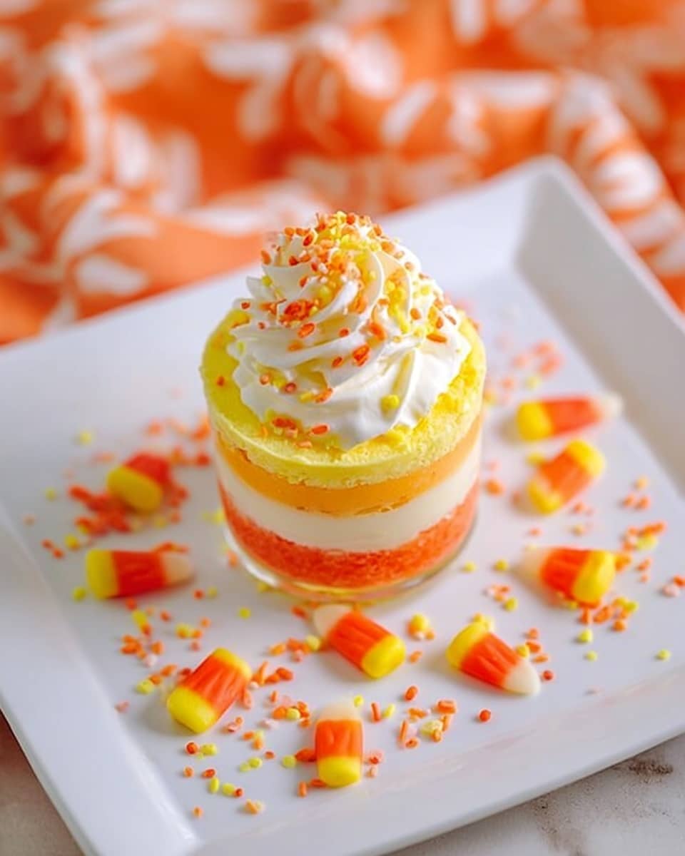A small three-layer mini cake is placed in the center of a white rectangular plate on a white marbled surface. The bottom layer is yellow with a smooth texture, the middle layer is orange, and the top layer is white. On top of the layers, there is a swirl of white cream with orange, yellow, and white sprinkles scattered over it. Around the cake, there are small candy corn pieces and loose sprinkles spread on the plate. The photo is bright and clear, taken from above, showing the cake and its decorations in detail. Photo taken with an iphone --ar 4:5 --v 7
