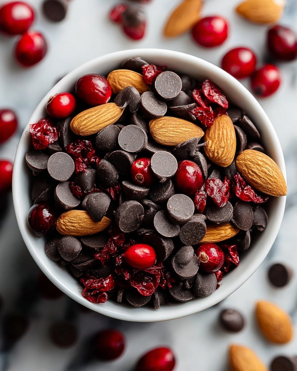 A close-up view of a white bowl filled with two main layers: the bottom layer is made up of smooth, round dark chocolate chips and flat oval chocolate pieces with a slightly textured surface, all dark brown close to black in color, while the top layer is covered with shiny, bright red cranberries, some whole and some slightly broken, adding a glossy and fresh look. The bowl sits on a white marbled textured surface scattered with blurred almonds and cranberries in the background, creating a warm, autumn feeling. Photo taken with an iphone --ar 4:5 --v 7