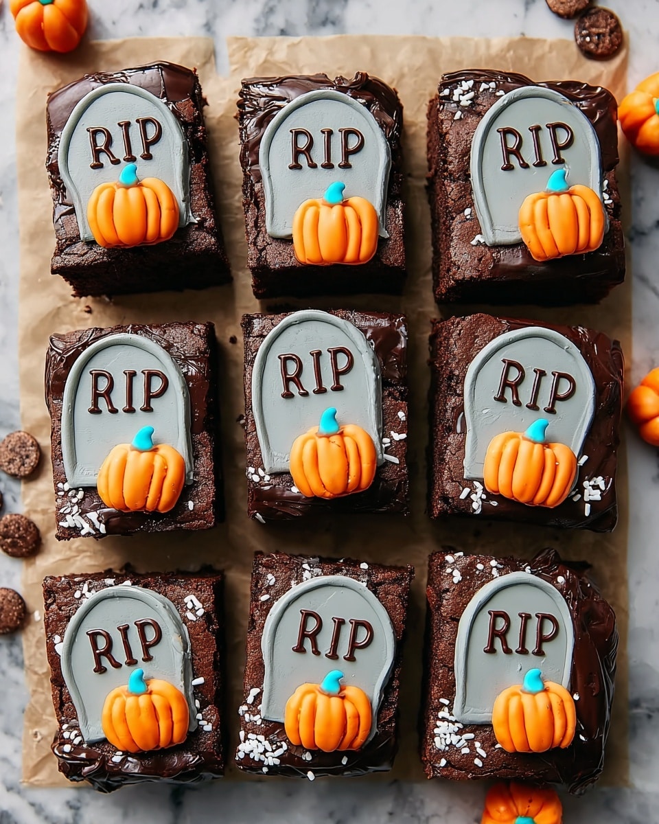 The image shows twelve square chocolate brownies arranged in a 4 by 3 grid on a piece of brown parchment paper over a white marbled surface. Each brownie has three layers: a dark brown chocolate base, a smooth light brown tombstone-shaped icing with the letters