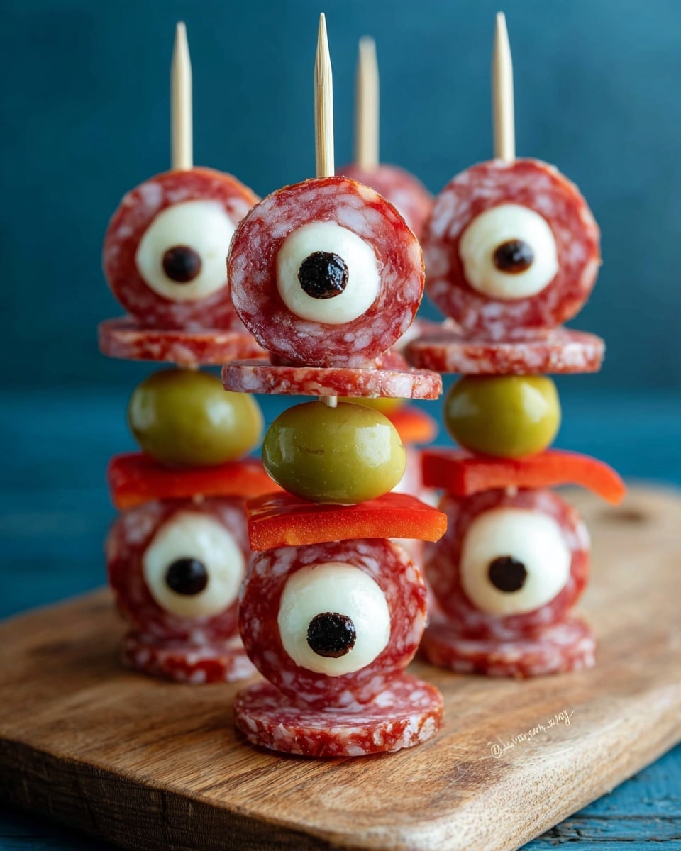 The image shows four layered snacks placed on a wooden board with a white marbled texture surface. Each snack starts with two thin folded slices of red cured meat placed at the bottom, topped with rings of bright red bell pepper slices. Above this is a white ball coated with green herbs, decorated on the side with a round slice of dark red olive and a small black center, resembling an eye. Resting on the herb-covered ball are multiple thin slices of red cured meat, and the snack is finished with a green olive on top, all held together by a wooden skewer. The background is dark, making the colors of the snacks stand out vividly. Photo taken with an iphone --ar 4:5 --v 7